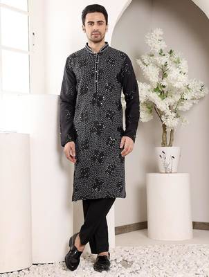 Black silk embroidered kurta pajama for mens 1