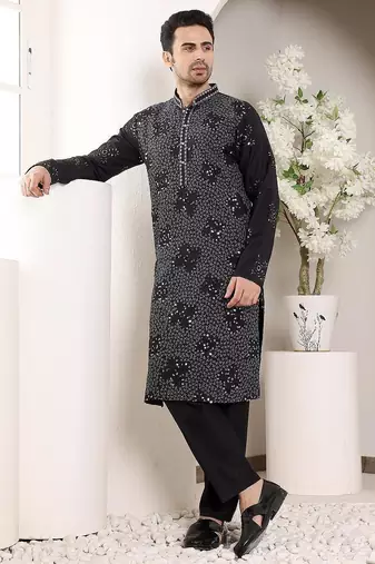Black silk embroidered kurta pajama for mens