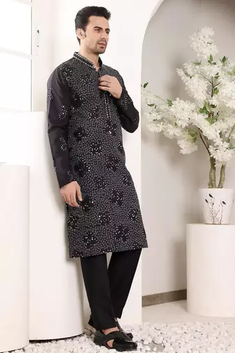 Black silk embroidered kurta pajama for mens