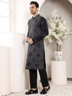 Black silk embroidered kurta pajama for mens 4