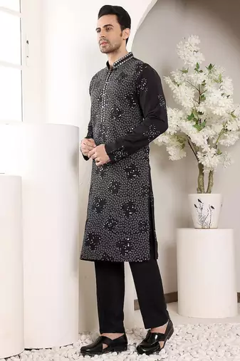 Black silk embroidered kurta pajama for mens