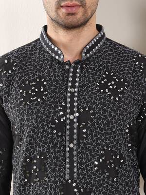 Black silk embroidered kurta pajama for mens 5