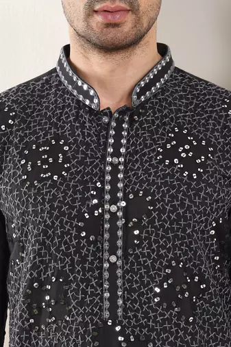 Black silk embroidered kurta pajama for mens