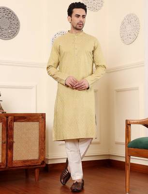 Yellow silk embroidered kurta pajama for mens 1