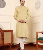 Yellow silk embroidered kurta pajama for mens
