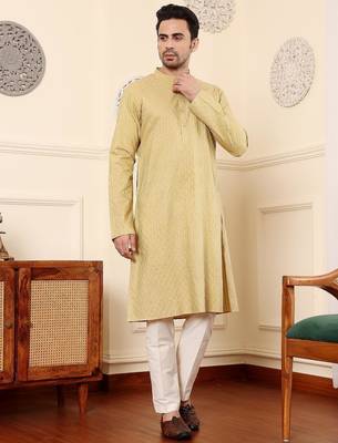Yellow silk embroidered kurta pajama for mens 2