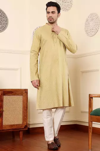 Yellow silk embroidered kurta pajama for mens