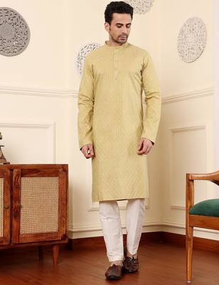 Yellow silk embroidered kurta pajama for mens 3