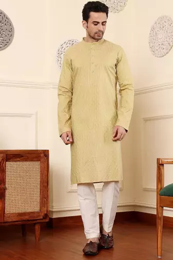 Yellow silk embroidered kurta pajama for mens