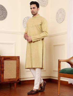 Yellow silk embroidered kurta pajama for mens 4