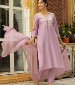 lavender silk blend yoke embroidery straight kurta set