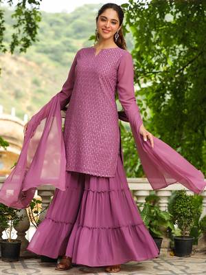 lavender georgette embroidered straight kurta with sharara set 1