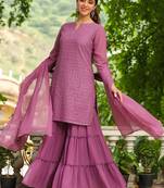 lavender georgette embroidered straight kurta with sharara set
