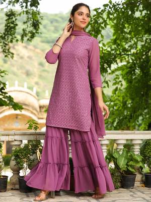 lavender georgette embroidered straight kurta with sharara set 3