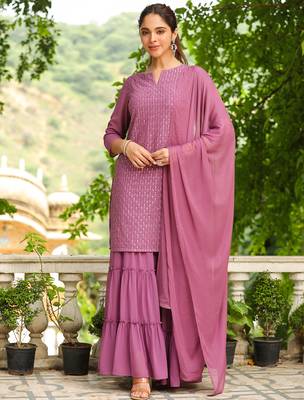 lavender georgette embroidered straight kurta with sharara set 4