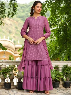 lavender georgette embroidered straight kurta with sharara set 5