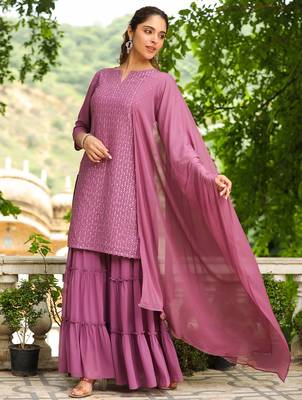 lavender georgette embroidered straight kurta with sharara set 6