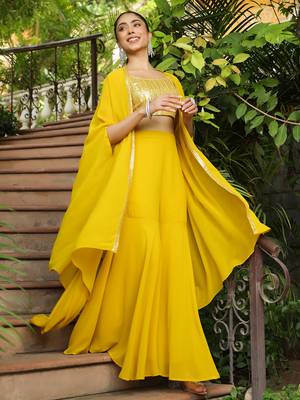 yellow georgette sequined crop top with sharara & cape set 1