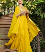 yellow georgette sequined crop top with sharara & cape set