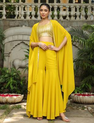 yellow georgette sequined crop top with sharara & cape set 2