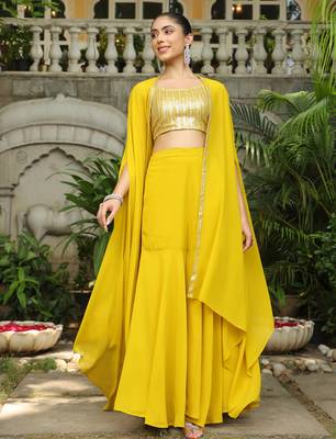 yellow georgette sequined crop top with sharara & cape set 3