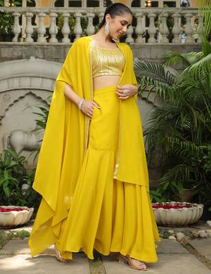 yellow georgette sequined crop top with sharara & cape set 4