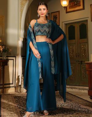 teal blue georgette sequined crop top with pant & cape set 1