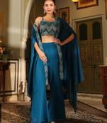 teal blue georgette sequined crop top with pant & cape set