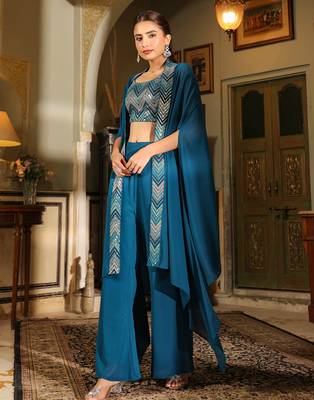 teal blue georgette sequined crop top with pant & cape set 4