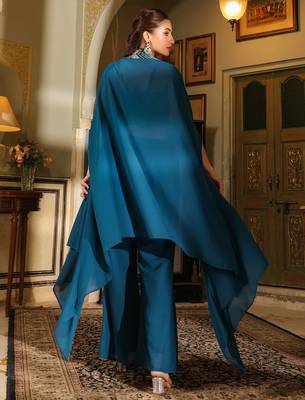 teal blue georgette sequined crop top with pant & cape set 6