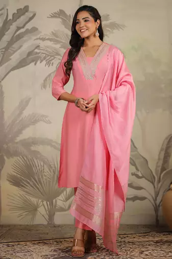 pink silk blend embroidered straight kurta set