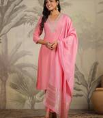 pink silk blend embroidered straight kurta set