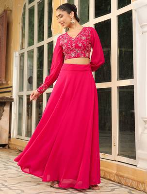 pink georgette embroidered top with skirt set 1
