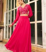 pink georgette embroidered top with skirt set
