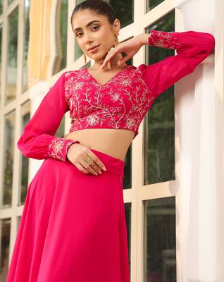 pink georgette embroidered top with skirt set 3