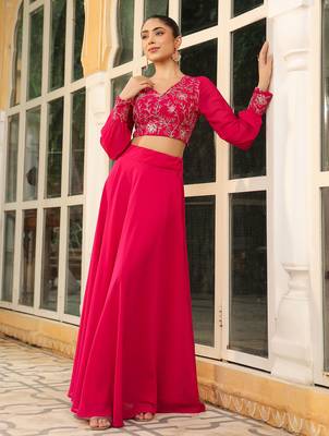 pink georgette embroidered top with skirt set 4