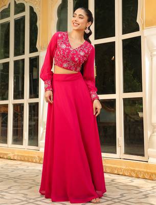 pink georgette embroidered top with skirt set 5