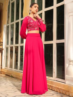 pink georgette embroidered top with skirt set 6