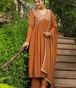 brown georgette yoke embroidered a-line kurta set