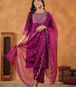 purple silk blend embroidered straight kurta set