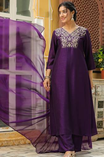 purple silk blend yoke embroidered a-line kurta set