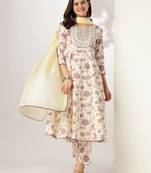 off white pure cotton floral printed yoke embroidered anarkali kurta set