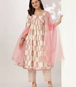 cream & pink pure cotton floral printed a-line kurta set