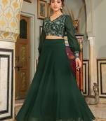 dark green georgette zari embroidered crop top with skirt set