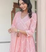 peach pure cotton embroidered a-line kurta set