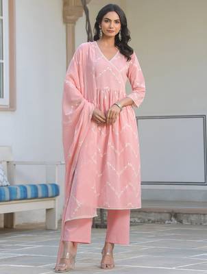 peach pure cotton embroidered a-line kurta set 3