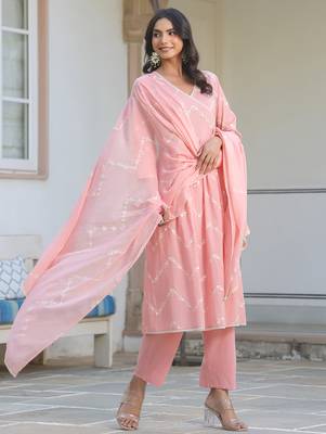 peach pure cotton embroidered a-line kurta set 4