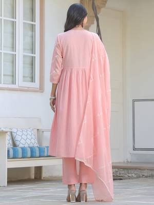 peach pure cotton embroidered a-line kurta set 5