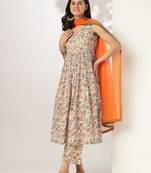 off white pure cotton floral printed a-line kurta set