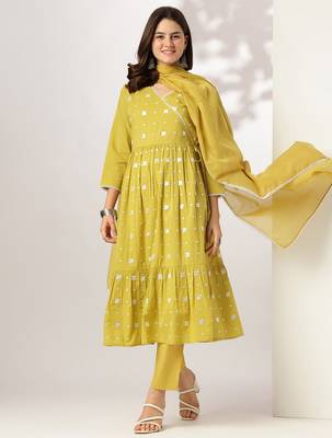 yellow pure cotton embroidered angrakha kurta set 1